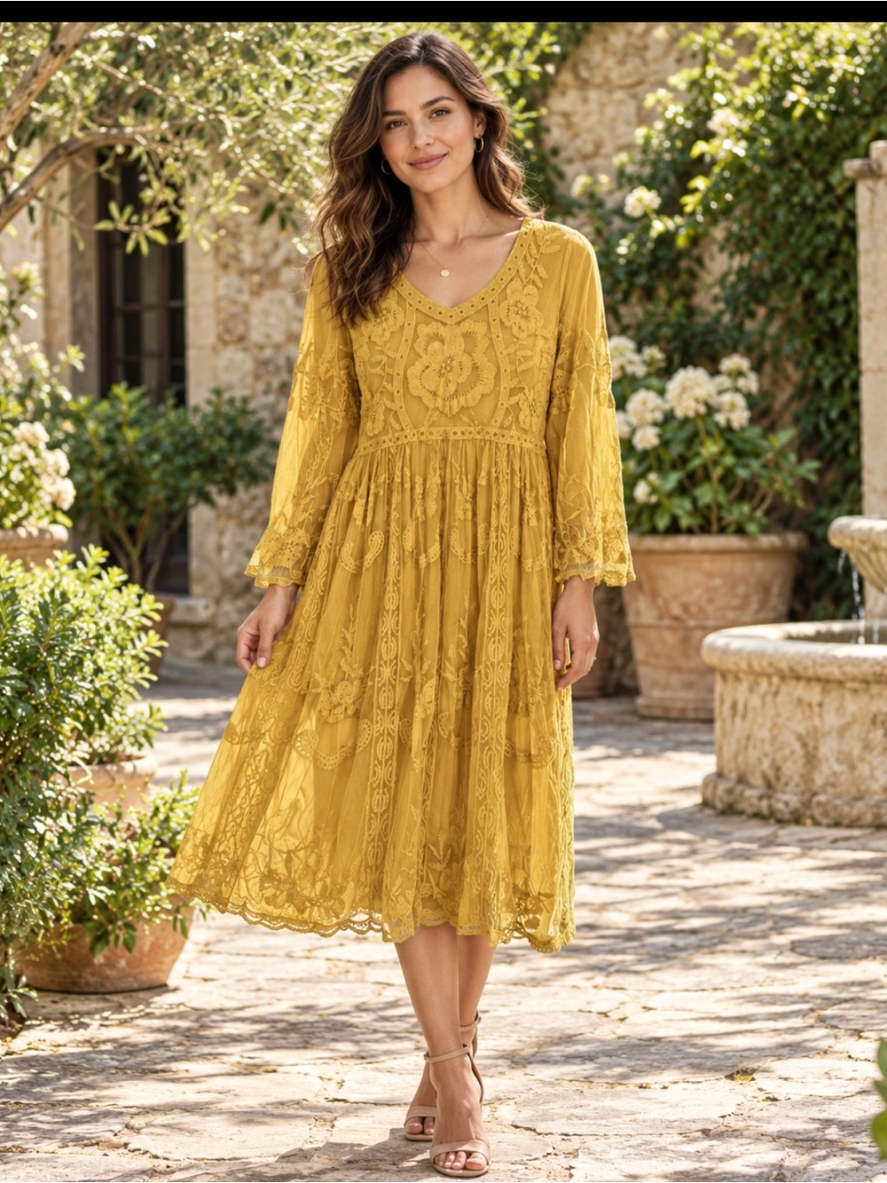 orange creek Mustard Lace V-Neck Midi Dress